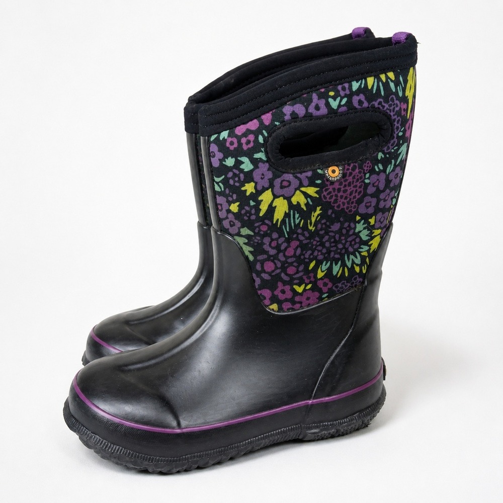 Bogs Rain Snow Boots Girls 11 Black Purple Floral Waterproof‎ Insulated Winter